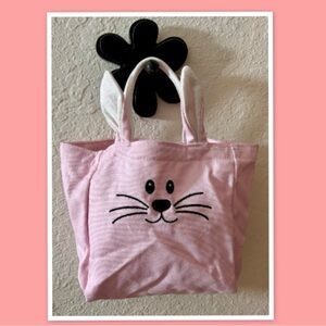 Pink Canvas Tote Bag~ Embroidered Bunny Face With Whiskers and  Two-Tone Ears